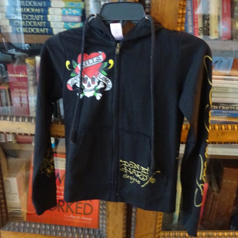 NEW VTG ED HARDY HOLLYWOOD KIDS HOODIE JACKET full front zip size L